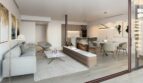 Helles Wohnzimmer mit Essbereich und offener Küche in einem Luxus-Apartment in Palma de Mallorca.
