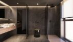 Luxuriöses Badezimmer mit dunklem Marmor, begehbarer Regendusche, Holzakzenten und eleganter schwarzer Armatur in Palma.
