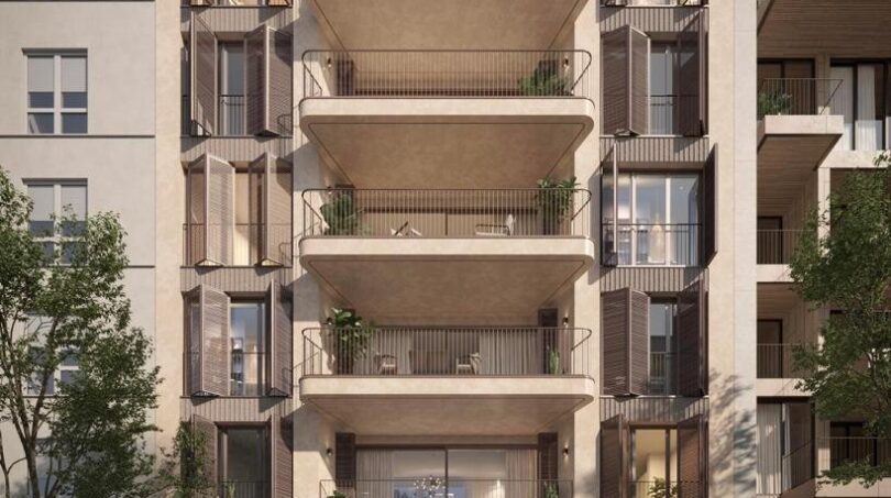 Modernes Luxusapartmentgebäude in Palma mit großzügigen Balkonen, Begrünung und elegantem Eingangsbereich.