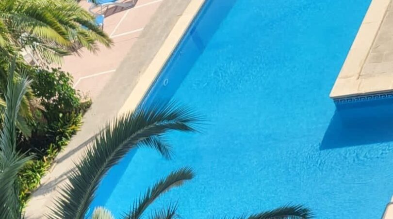 Rechteckiger Außenpool mit türkisblauem Wasser, Sonnenliegen und Palmen in Wohnanlage nahe dem Strand in Palma de Mallorca.