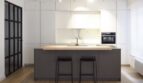 Moderne Küche mit Kochinsel, weißen Hochschränken und Barhockern in Palma de Mallorca Wohnung