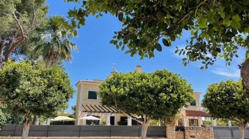 Außenansicht Villa Llucmajor: Mediterranes Einfamilienhaus hinter Natursteinmauer, umgeben von Palmen und Zitruspflanzen.