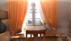 Schreibtisch mit Holzstuhl vor Fenster mit orangefarbenen Vorhängen und Meerblick in Berganwesen Esporles