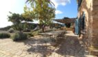 Rustikale Steinterrasse mit langem Esstisch, Zitruspflanzen und Pergola einer Bergliegenschaft in Esporles
