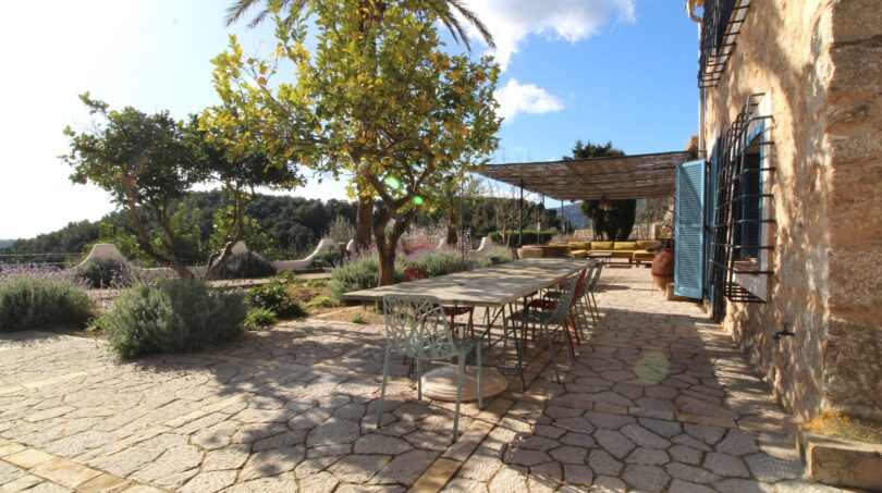 Rustikale Steinterrasse mit langem Esstisch, Zitruspflanzen und Pergola einer Bergliegenschaft in Esporles