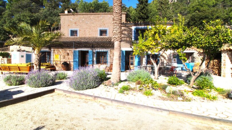 Rustikale Finca in Esporles mit blauen Fensterläden, Palme, Lavendel und Bergkulisse
