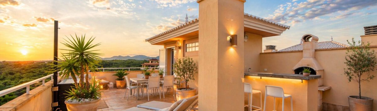 Luxuriöse Dachterrasse des Penthouse in Cales de Mallorca mit Outdoor-Bar, Loungebereich und Sonnenuntergang.