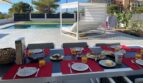 Gedeckter Außentisch mit Frühstück, Swimmingpool und Cabana in der Villa Cala Pi, Llucmajor