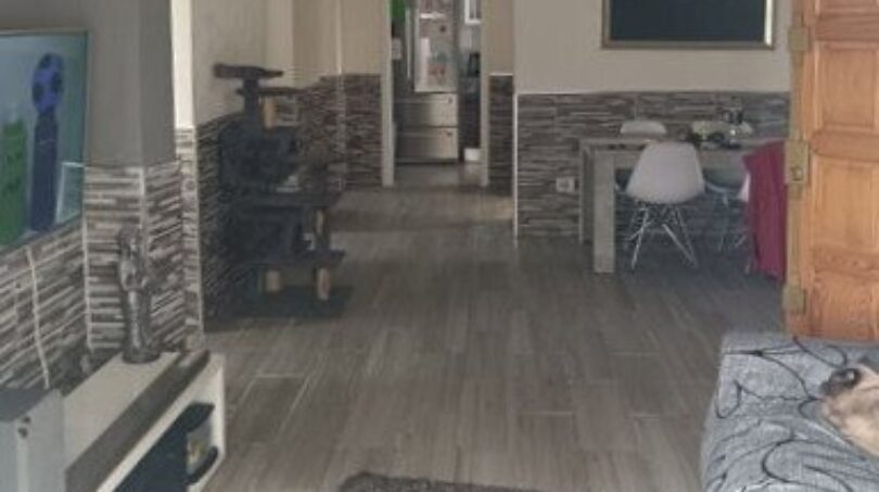 Offener Wohnbereich mit Holzoptikboden, TV-Wand, Steinelementen und Durchgang zum Essbereich im Penthouse Palma.