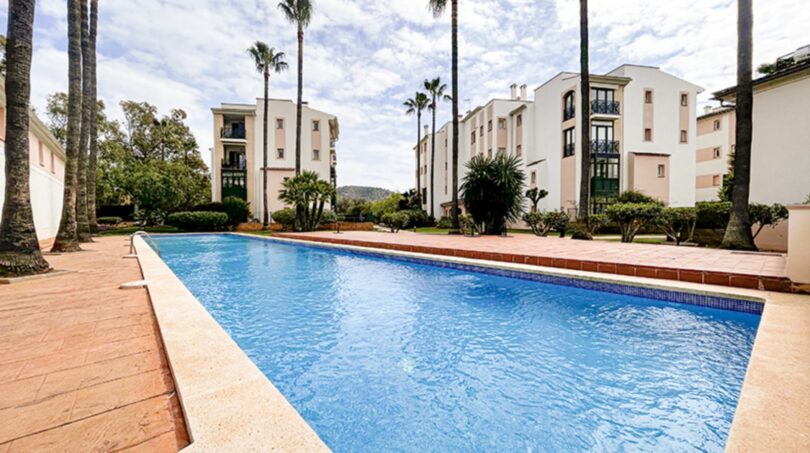 Communal pool with palm trees and white apartment buildings in Mediterranean residential complex in Santa Ponça