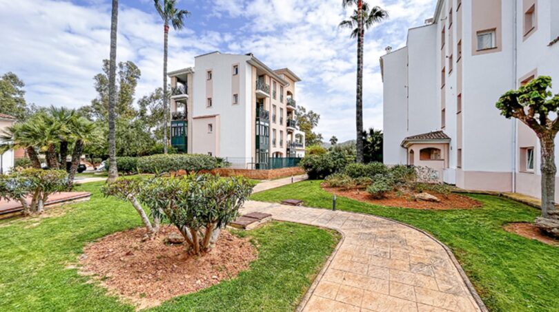 Well-maintained garden path with palm trees between Mediterranean residential buildings in Santa Ponça, Mallorca
