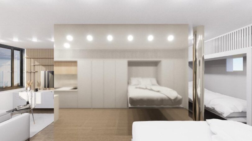 Modernes Loft-Schlafzimmer mit Stockbett, Einbauschrank und offenem Wohnbereich in Palma de Mallorca
