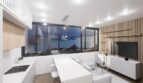 Modernes Loft in Palma: Offener Wohn-Küchenbereich mit Panoramafenster und Meerblick, helles Design.