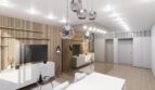 Modernes Wohnzimmer mit Holzlamellenverkleidung, TV-Einheit und eleganten Glaskugellampen im Loft Palma