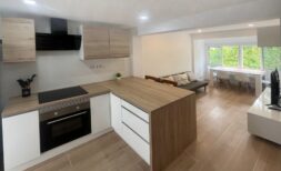Open kitchen with cooking island and living area of the fully renovated 2-room apartment in Palma