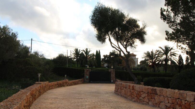Einfahrt zur Finca in Palma mit Steinmauern, Holztor, Olivenbaum und mediterranem Grün