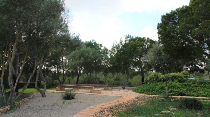 Weitläufiger Gartenbereich der Finca mit Kieswegen, Sitzbereich und mediterranen Olivenbäumen