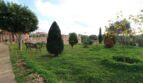 Weitläufiger Garten der Finca mit gepflegten Zypressen, Sitzbank und mediterranem Grünbestand in Palma de Mallorca.