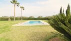 Großer Pool im gepflegten Garten der Neubau-Finca in Son Liebre, umgeben von Palmen und Hecken.