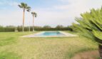 Weitläufiger Garten mit rechteckigem Pool, Palmen und Hecke der Neubau-Finca in Palma - Son Liebre