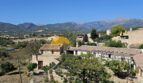 Panoramablick vom Stadthaus in Inca auf Dächer, Garten und die Tramuntana-Berge unter blauem Himmel.