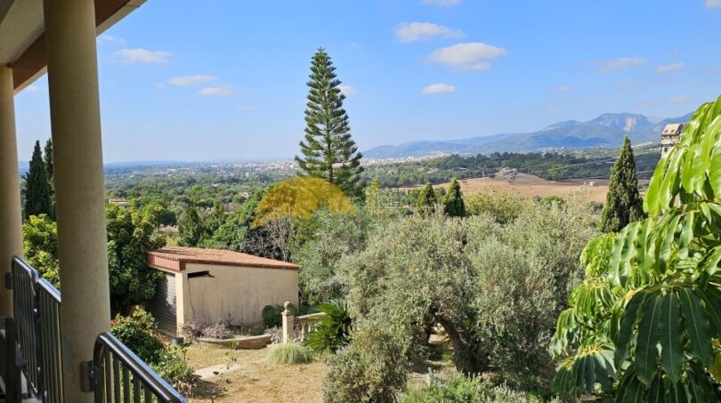 Balkon der Finca bei Inca mit Gartenblick, Olivenbäumen, Tanne und Panorama auf Ebene und Gebirge.