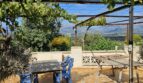 Überdachte Terrasse mit Weinreben, blauen Gartenmöbeln und Bergpanorama der Finca bei Inca