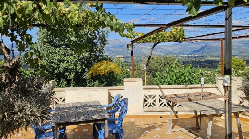 Überdachte Terrasse mit Weinreben, blauen Gartenmöbeln und Bergpanorama der Finca bei Inca