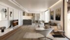 Modernes Wohnzimmer mit offener Küche, Holzboden und eleganter Einrichtung in exklusiver Wohnung, Palma de Mallorca