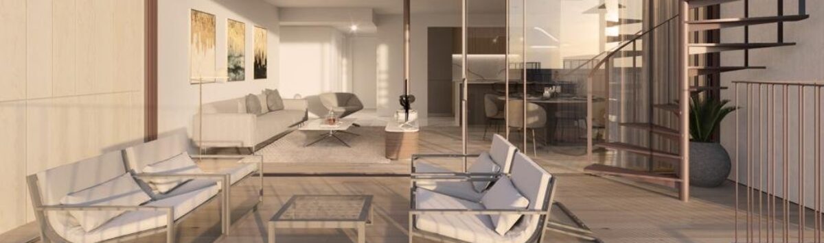 Modern terrace with white lounge furniture, glass front and spiral staircase of a luxury villa in Palma de Mallorca