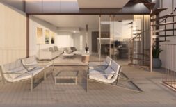 Moderne Terrasse mit weißen Loungемöbeln, Glasfront und Wendeltreppe einer Luxusvilla in Palma de Mallorca