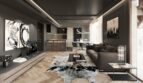 Elegantes Wohnzimmer mit Ledersofa, Kuhfellteppich und offener Küche in luxuriösem Apartment in Palma