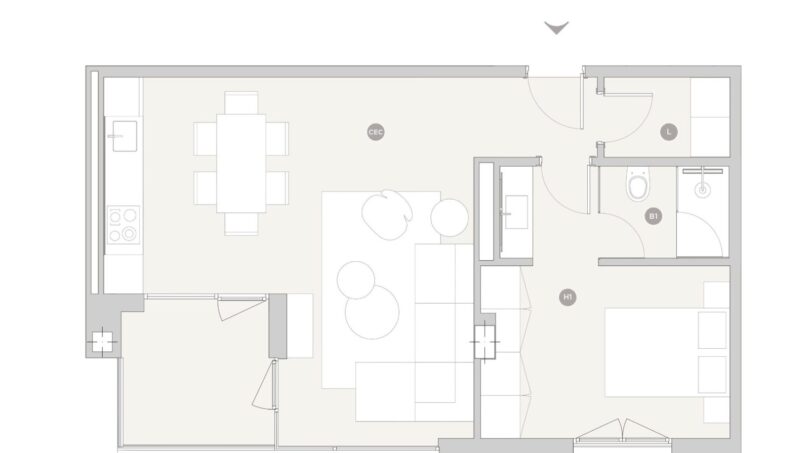 Grundriss eines modernen Apartments in Palma de Mallorca mit Wohnbereich, Küche, Schlafzimmer und Bad.