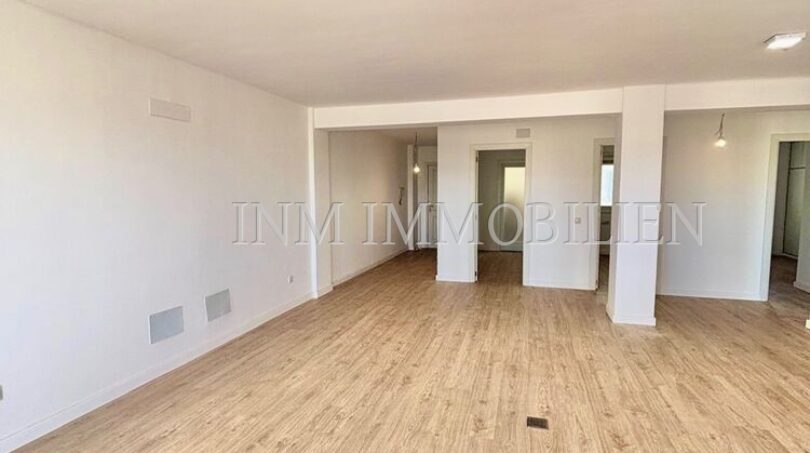 Helles, leeres Wohnzimmer mit hellem Laminatboden und weißen Wänden in renovierter Wohnung in Son Espanyolet