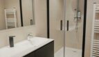Modernes Badezimmer mit schwarzem Waschtischunterschrank, Glasdusche und weißem Heizkörper in Luxus-Apartment Palma