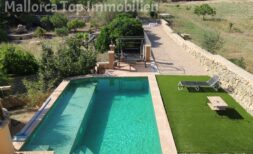 Finca Llucmajor: Pool with turquoise water, sun loungers on artificial grass and garden facility with natural stone wall.