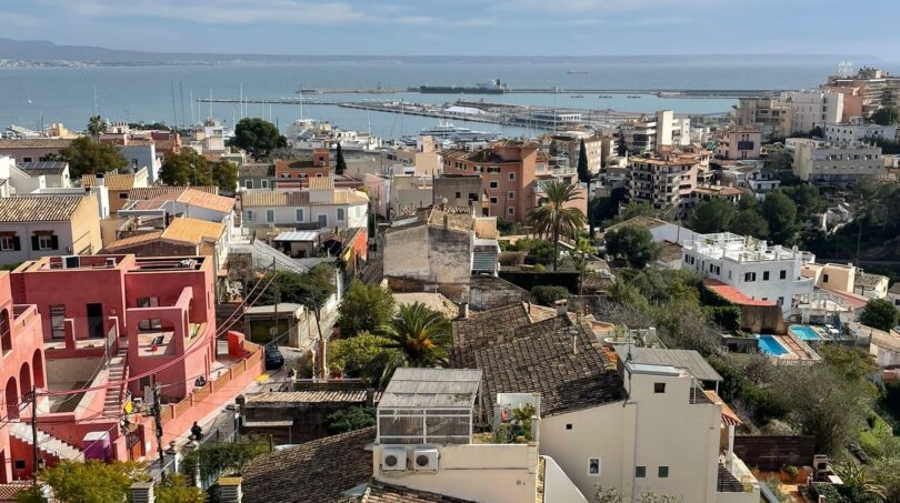 Panoramablick über Palmas Dächer auf den Hafen und das Mittelmeer, umgeben von mediterraner Architektur.