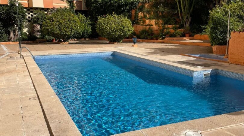 Gemeinschaftspool mit blauem Wasser, Steinplatten und mediterraner Bepflanzung, umgeben von Wohngebäuden in Palma