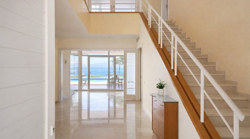 Helles Eingangsfoyer der First-Line-Villa in Llucmajor mit Marmorböden, Treppe und Meerblick durch Glasfront