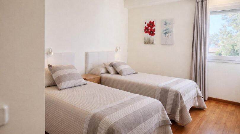 Helles Schlafzimmer der First-Line-Villa in Llucmajor mit zwei Einzelbetten, Holzboden und großem Fenster.