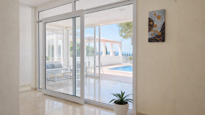 Lichtdurchfluteter Wohnbereich mit Schiebetüren, Blick auf Pool und Mittelmeer, Villa Llucmajor