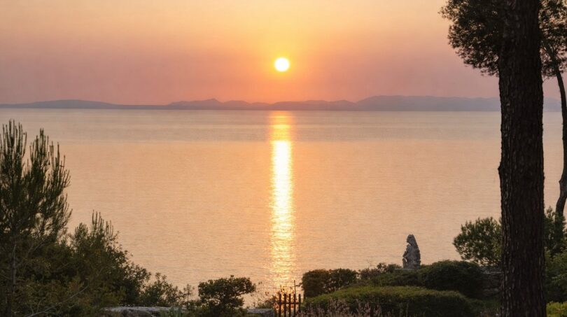 Sonnenuntergang über dem Meer mit mediterranem Garten, Skulptur und Pinien – traumhafter Meerblick der First-Line-Villa.