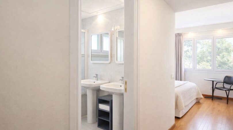 Helles Schlafzimmer mit Holzboden und angrenzendem Bad mit Doppelwaschbecken in Villa Llucmajor