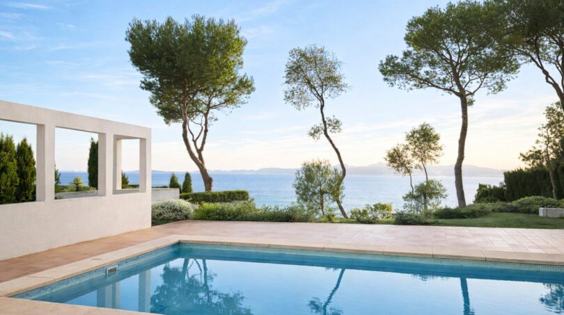 Außenpool der First-Line-Villa in Llucmajor mit direktem Meerblick, mediterranen Pinien und weißer Pergola.