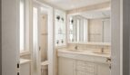 Helles Badezimmer der Villa Llucmajor mit Doppelwaschbecken, weißem Unterschrank und beigen Fliesen.