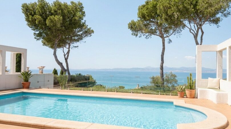 Außenpool mit Meerblick, Terrakottafliesen und Pinien der exklusiven First-Line-Villa in Llucmajor