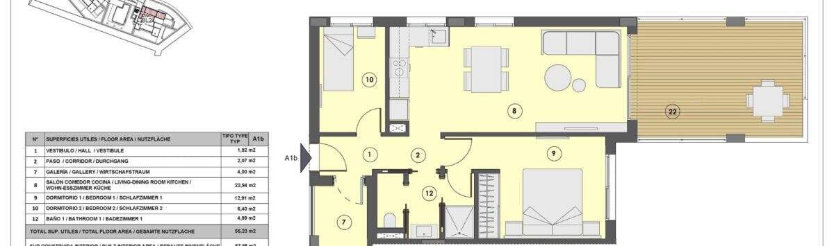 View of the property: 87m² apartment with 2 bedrooms, bathroom and swimming pool for sale; new build