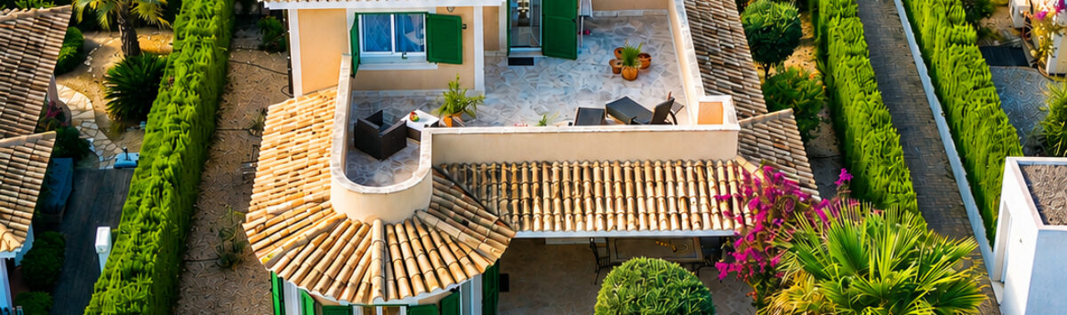 Luftaufnahme eines mediterranen Luxus-Chalets in Cala Murada mit Terrakotta-Dach, Pool und gepflegtem Garten.