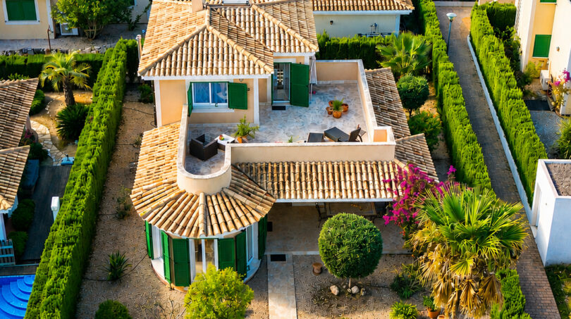 Luftaufnahme eines mediterranen Luxus-Chalets in Cala Murada mit Terrakotta-Dach, Pool und gepflegtem Garten.