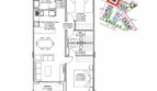 Grundriss einer 2-Zimmer-Neubauwohnung in Sa Coma mit Terrasse, 2 Bädern und Lageplan.